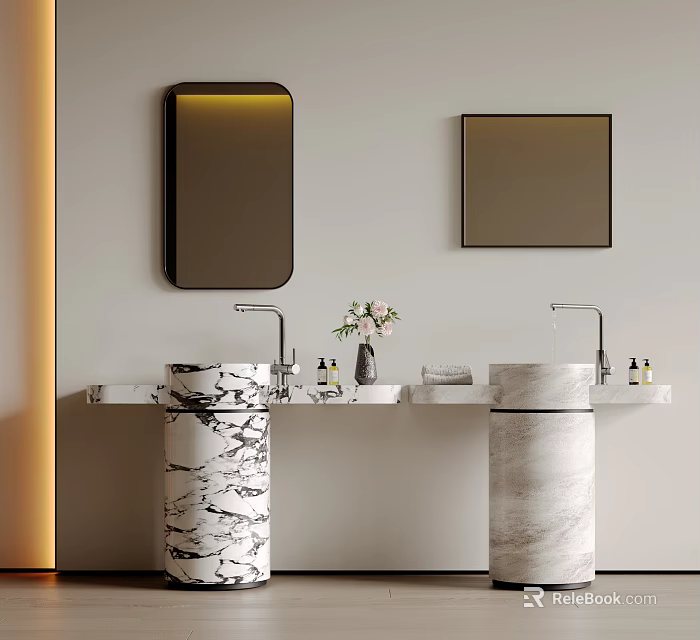 Modern Double Marble Vanity Sink with Two Mirrors and Decorative Vase 3d model