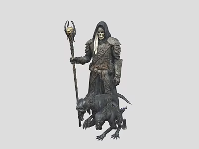 Hooded Armored Wizard Holding Skull Staff With Mythical Dragon Like Creature Companion 3d model