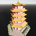 Five Story Traditional Chinese Pagoda Pink And Yellow With White Fence And Blue Sky Background