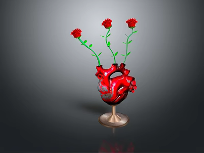 Heart Shaped Sculpture Vase Adorned with Red Roses and Decorative Base Design 3d model
