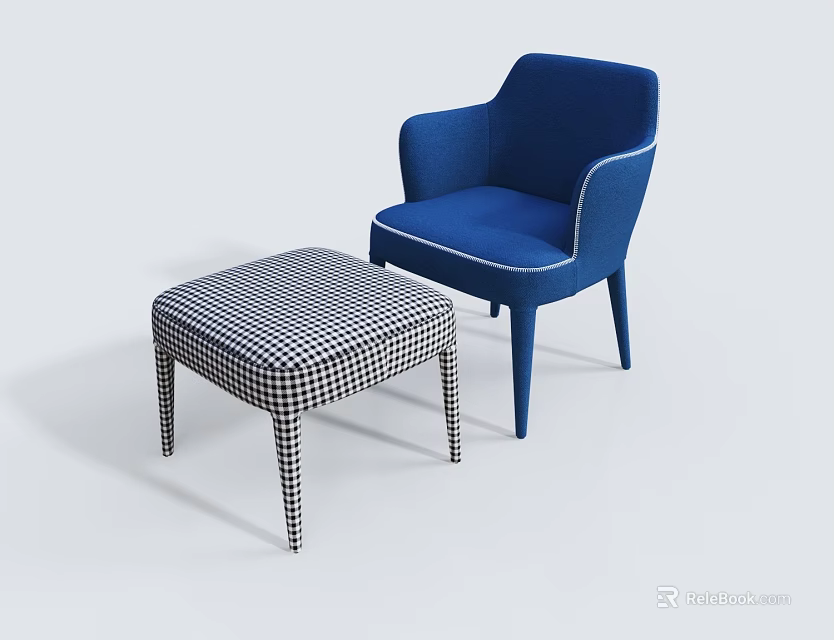 Modern Blue Upholstered Accent Chair with Black and White Checkered Ottoman 3d model 