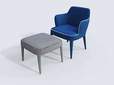 Modern Blue Upholstered Accent Chair with Black and White Checkered Ottoman 3d model