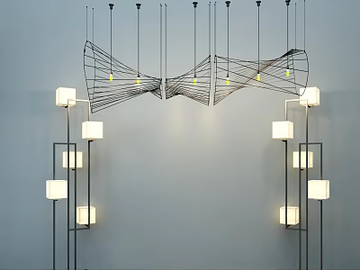 Modern Floor Lamp With Sleek Black Metal Frame And Multiple Lampshades In Contemporary Living Room 3d model