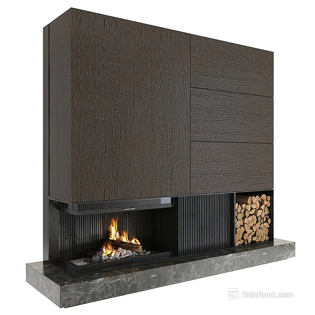 Modern Fireplace with Dark Wood Paneling Marble Base Burning Flames and Firewood Storage 3d model 
