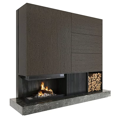 Modern Fireplace with Dark Wood Paneling Marble Base Burning Flames and Firewood Storage 3d model