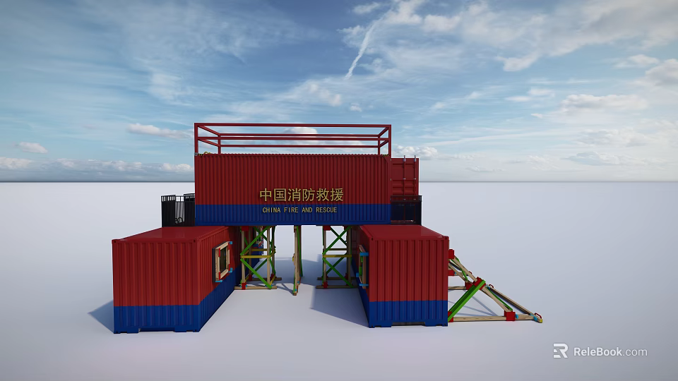 Fire Station With Red And Blue Container Structure For Chinese Fire Rescue 3d model 