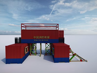 Fire Station With Red And Blue Container Structure For Chinese Fire Rescue 3d model