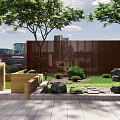 Courtyard Garden With Wooden Fence Outdoor Dining Table And Green Lawn