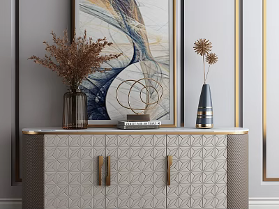 Modern Elegant Entryway Side Cabinet With Geometric Pattern Golden Handles And Vases With Dried Flowers 3d model