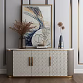 Modern Elegant Entryway Side Cabinet With Geometric Pattern Golden Handles And Vases With Dried Flowers