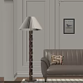 Cozy Living Room Interior With Pleated Lampshade Floor Lamp Brown Sofa And Blue Bird Painting