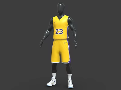 Yellow Basketball Sports Uniform with Number 23 and Nike Logo Displayed on Mannequin 3d model