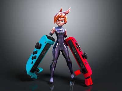 Anthropomorphic Rabbit Character in Purple Bodysuit with Orange Hair Holding Blue Red Game Controllers 3d model