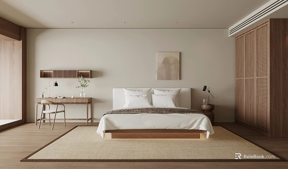 Minimalist Bedroom Interior Featuring Wooden Bed Table Lamps And Natural Rug With Decorative Art 3d model 