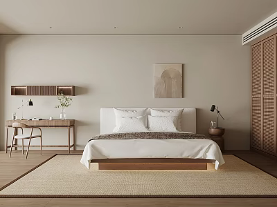 Minimalist Bedroom Interior Featuring Wooden Bed Table Lamps And Natural Rug With Decorative Art 3d model