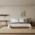 Minimalist Bedroom Interior Featuring Wooden Bed Table Lamps And Natural Rug With Decorative Art