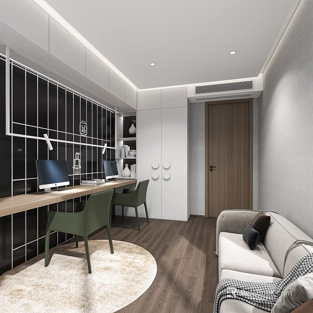Modern Home Office Interior Design With Wooden Desk Green Chairs Computers Bookshelf And Sofa 3d model 