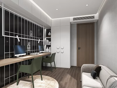 Modern Home Office Interior Design With Wooden Desk Green Chairs Computers Bookshelf And Sofa 3d model