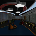 Indoor Playground With Bumper Cars Blue Floor Tire Decorations And Curved Ceiling Lights
