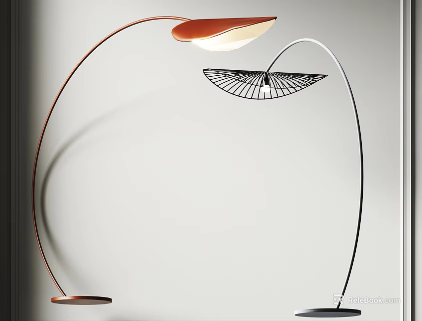 Two Floor Lamps With Copper Silver Curved Poles And Fan Shaped Shades Indoor White Wall 3d model 