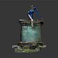 Rustic Hand Water Pump On Green Stone Well Platform With Mossy Weathered Ground
