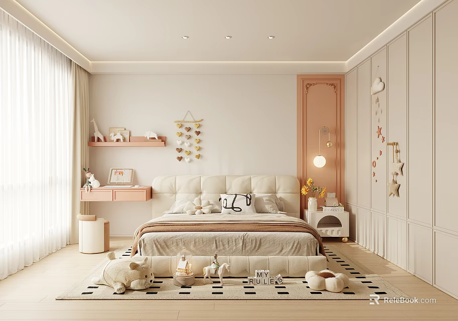 Cozy Children's Room Interior With Soft Bed Stuffed Toys Plush Rug And Decorative Wall Elements 3d model 