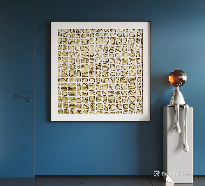 Abstract Painting on Blue Wall with White Frame Gold Beige Grid Squares and Silver Sculpture 3d model 