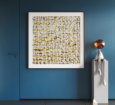 Abstract Painting on Blue Wall with White Frame Gold Beige Grid Squares and Silver Sculpture 3d model