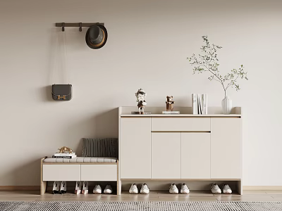 Minimalist Shoe Cabinet With Wall Mounted Hat Bag Decorations Books Vase Plant Small Bench Shoes 3d model