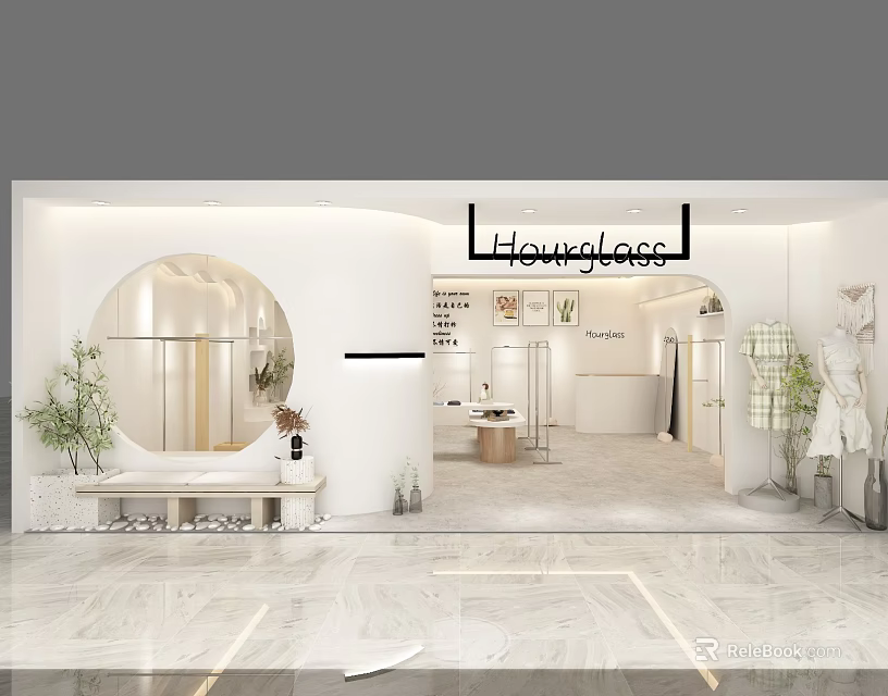Modern Minimalist Clothing Store Interior With Round Mirror Display Racks And Plants 3d model 