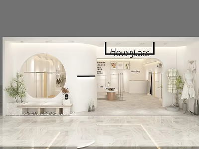 Modern Minimalist Clothing Store Interior With Round Mirror Display Racks And Plants 3d model