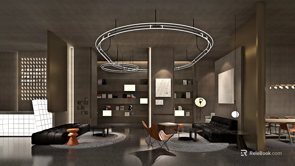 Modern Luxury Hotel Public Lounge With Leather Sofas Bookshelves And Circular Lighting 3d model 
