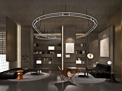 Modern Luxury Hotel Public Lounge With Leather Sofas Bookshelves And Circular Lighting 3d model