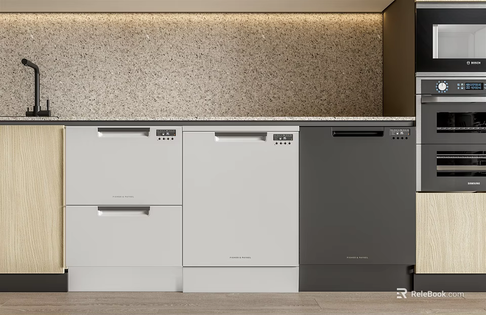 Modern Kitchen Appliances Featuring Three Dishwashers In Different Colors With Cabinets Textured Backsplash 3d model