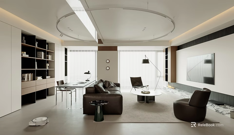 Modern Living Room Interior Design With Leather Sofa Coffee Table Floor Lamp And Window Blinds 3d model 