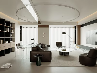 Modern Living Room Interior Design With Leather Sofa Coffee Table Floor Lamp And Window Blinds 3d model
