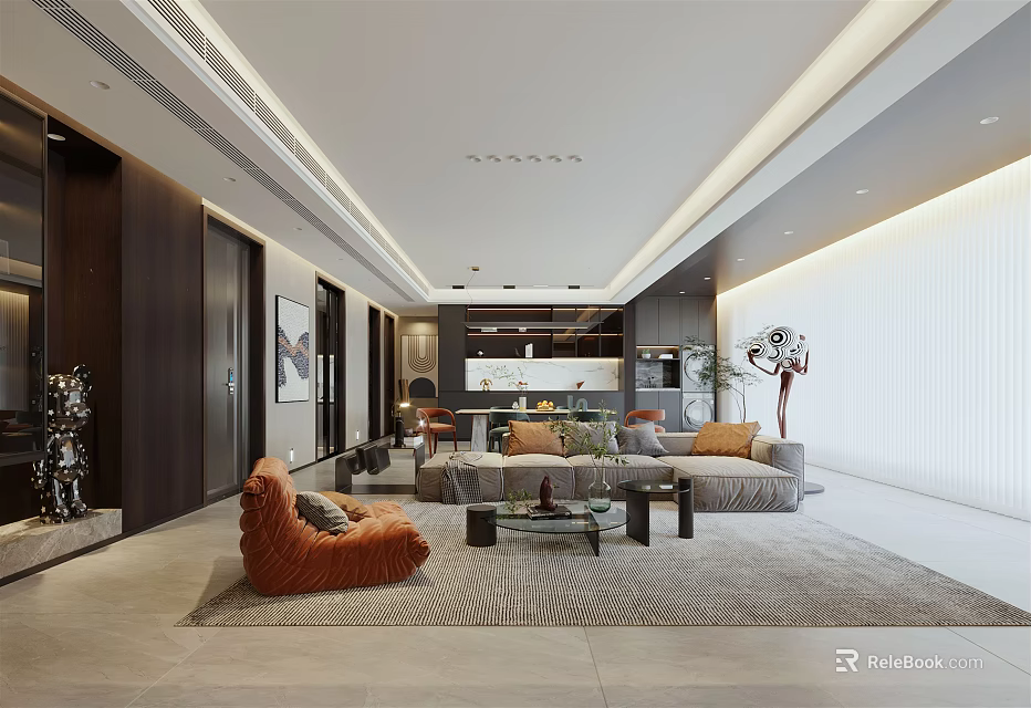 Modern Living Dining Room Interior With Sofa Coffee Table And Decorative Lighting 3d model 