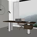 Modern Study Room Interior With Wooden Desk Laptop Office Chair And Large Window View