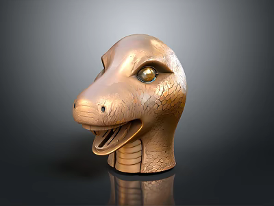 Bronze Snake Head Sculpture With Textured Skin Yellow Eyes And Open Mouth 3d model