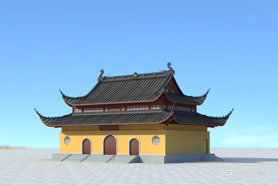 Traditional Chinese Ancient Architecture With Yellow Walls Curved Eaves And Black Tiled Roof 3d model 