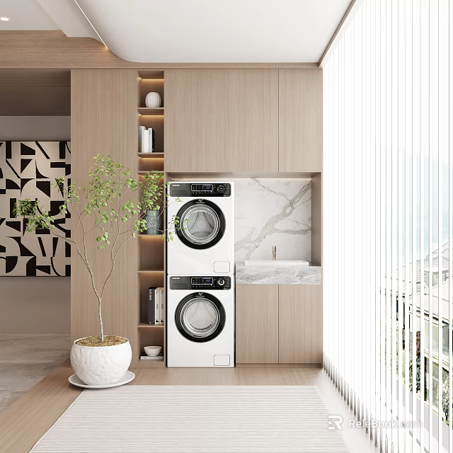 Modern Home Balcony With Stacked Washing Machine Storage Cabinet Plant And Marble Countertop 3d model 