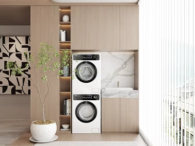 Modern Home Balcony With Stacked Washing Machine Storage Cabinet Plant And Marble Countertop 3d model