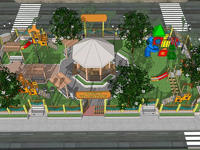 Outdoor Children's Playground With Colorful Play Equipment Central Pavilion Shady Trees And Fenced Area 3d model