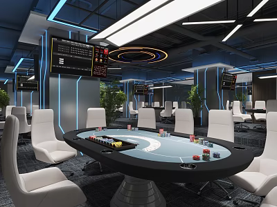Modern Casino Interior With Poker Table White Chairs And Electronic Screens 3d model