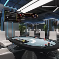 Modern Casino Interior With Poker Table White Chairs And Electronic Screens