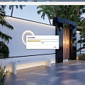 Modern Security Door Design For Garden Courtyard With Circular Light And Lush Greenery