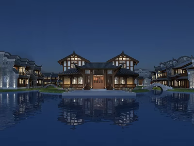 Traditional Commercial Street Evening Scene With Illuminated Architecture And Water Reflection 3d model