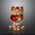 Happy Cartoon Orange Cat With Red Hat Open Mouth Containing Colorful Balls And Small Key