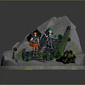 3D Rocky Terrain Scene With Stairs Character Green Plants Blue Structure And Round Base