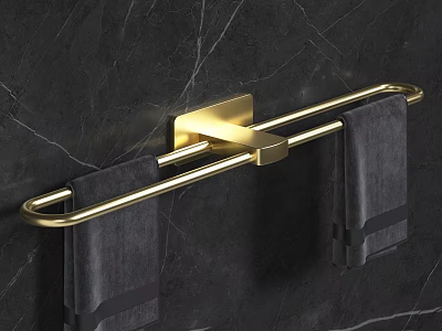 Golden Bathroom Towel Rack on Black Marble Wall with Hanging Gray Towels 3d model